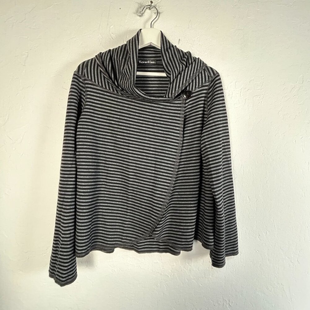 Karen Klein Womens Black/Gray Striped Front Button Cowl Neck Cardigan Sweater